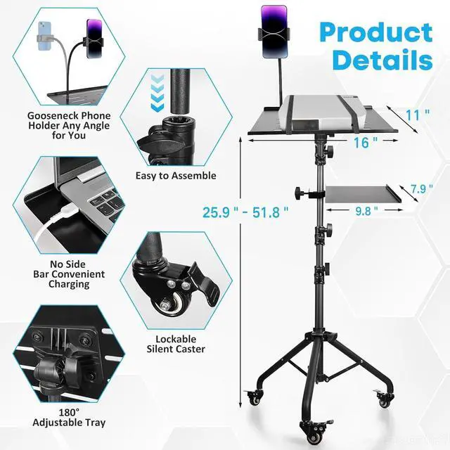 Alt view image 5 of 7 - Portable Laptop & Projector Stand with Phone Holder and Mouse Tray Adjustable Height Tripod Stand for Laptop, Projector, DJ, Sheet MusicBlack
