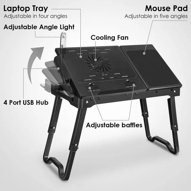 Alt view image 4 of 7 - Laptop Table Stand for Bed, Adjustable Laptop Desk for Bed, Portable Desktop Lap Desk with Cooling Fan and 4 USB Port, Foldable Computer Lap Desk for Bed Sofa Couch Floor(Black)