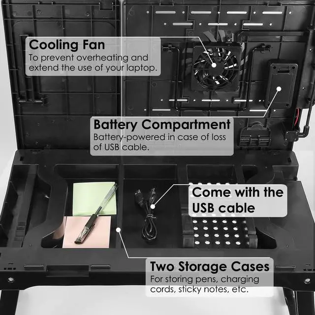 Alt view image 5 of 7 - Laptop Table Stand for Bed, Adjustable Laptop Desk for Bed, Portable Desktop Lap Desk with Cooling Fan and 4 USB Port, Foldable Computer Lap Desk for Bed Sofa Couch Floor(Black)