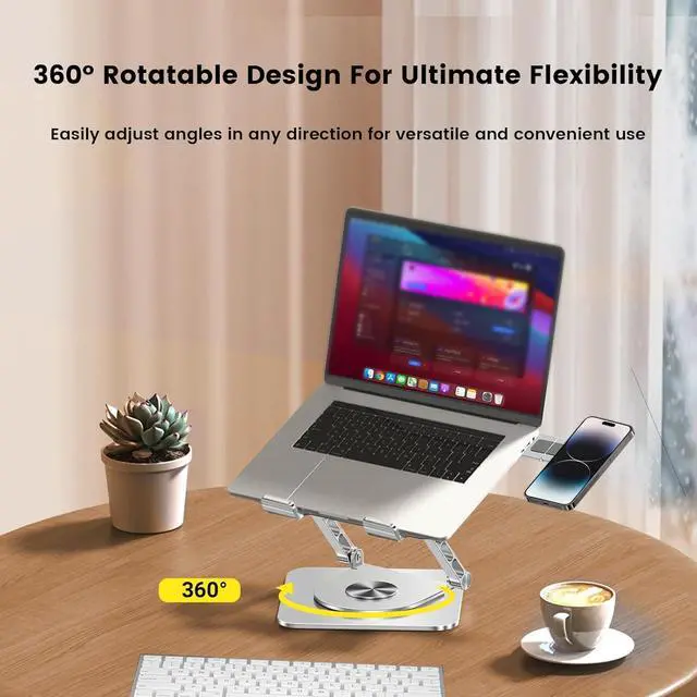 Alt view image 4 of 6 - Laptop Stand with Magnetic Phone Holder for Desk, Ergonomic Foldable Laptop Riser with 360° Rotating Base, Compatible with MacBook Pro, Fits 10-16 Inch Notebook