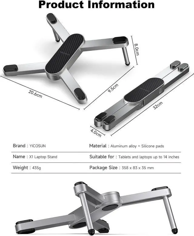 Alt view image 7 of 7 - X1 Laptop Stand for Desk - Ergonomic Aluminum Computer Riser for MacBook Pro/Air up to 15.6 inch - Foldable & Portable - Great Gift for Students, Office, Travel & Gaming - Silver