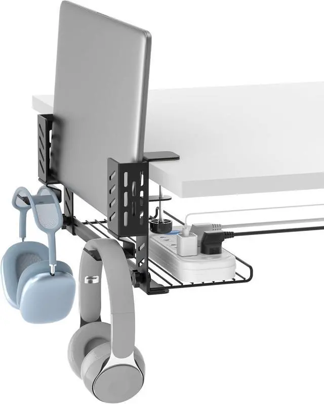 Main image of KDD 3-in-1 Laptop Stand Holder Storage, Adjustable Under Desk Cable Management Tray with Headphone Hanger and Cable Ties, No Drill Clamp on Desk Side Organizers Suitable for Laptop/Tablet/Headphone