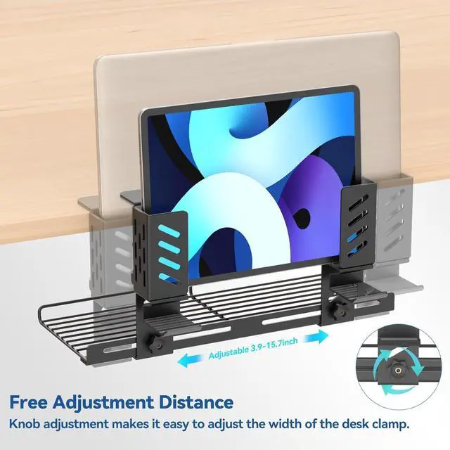 Alt view image 3 of 7 - KDD 3-in-1 Laptop Stand Holder Storage, Adjustable Under Desk Cable Management Tray with Headphone Hanger and Cable Ties, No Drill Clamp on Desk Side Organizers Suitable for Laptop/Tablet/Headphone