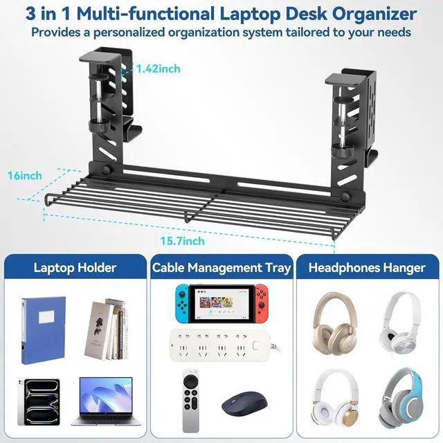 Alt view image 4 of 7 - KDD 3-in-1 Laptop Stand Holder Storage, Adjustable Under Desk Cable Management Tray with Headphone Hanger and Cable Ties, No Drill Clamp on Desk Side Organizers Suitable for Laptop/Tablet/Headphone