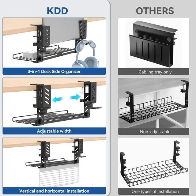Alt view image 5 of 7 - KDD 3-in-1 Laptop Stand Holder Storage, Adjustable Under Desk Cable Management Tray with Headphone Hanger and Cable Ties, No Drill Clamp on Desk Side Organizers Suitable for Laptop/Tablet/Headphone