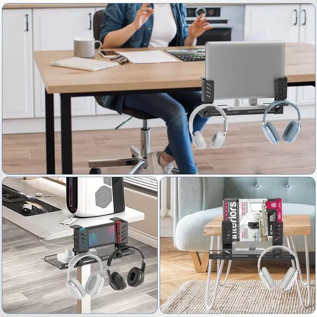 Alt view image 6 of 7 - KDD 3-in-1 Laptop Stand Holder Storage, Adjustable Under Desk Cable Management Tray with Headphone Hanger and Cable Ties, No Drill Clamp on Desk Side Organizers Suitable for Laptop/Tablet/Headphone