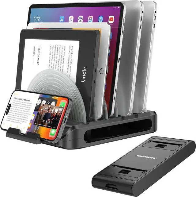 Main image of Vertical Laptop Stand for Desk, Patented Laptop Organizer Stand Multiple Rack Holder w/ 6 Dividers, Portable Phone Stand, 360° Rotating Base, Compatible w/MacBooks iPhones iPads Tablets