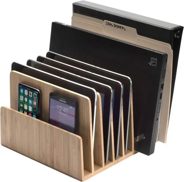 Main image of MobileVision Bamboo Device Organizer for Smartphones, Tablets and Laptops, 7 Slots with Extra Wide Slots for Laptops