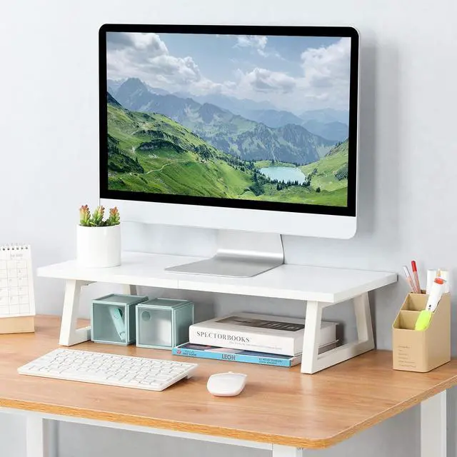 Alt view image 2 of 7 - TEAMIX 24 inch Monitor Stand Riser, White Wood & Steel Computer Monitor Stand with Storage, Laptop, PC, Printer Stand Riser for Desktop Office Desk Organizers