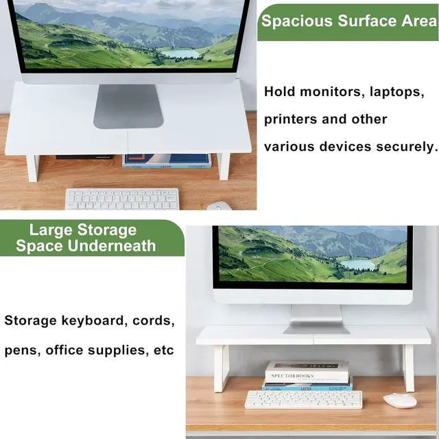 Alt view image 6 of 7 - TEAMIX 24 inch Monitor Stand Riser, White Wood & Steel Computer Monitor Stand with Storage, Laptop, PC, Printer Stand Riser for Desktop Office Desk Organizers