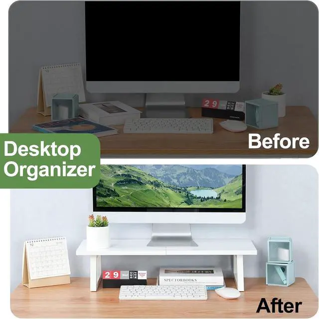 Alt view image 7 of 7 - TEAMIX 24 inch Monitor Stand Riser, White Wood & Steel Computer Monitor Stand with Storage, Laptop, PC, Printer Stand Riser for Desktop Office Desk Organizers