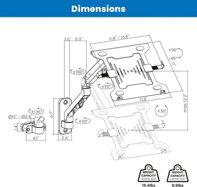 Alt view image 7 of 7 - Mount-It! Ergonomic Laptop Arm for Wall or Pole Mounting, Full Motion Adjustments, Versatile Design, Easy Installation