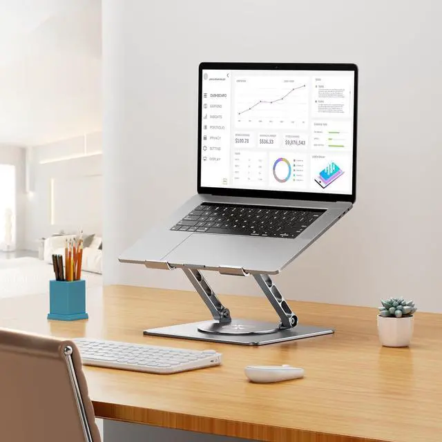 Alt view image 5 of 7 - Rotating Laptop Stand, 360° Angle Swivel, Height Adjustable for Neck/Shoulder Health, Solid Aluminum Base, Fits 10"-17" Laptop & Tablet (Silver)