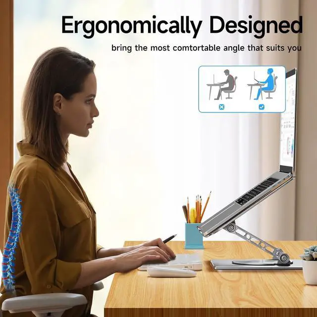 Alt view image 7 of 7 - Rotating Laptop Stand, 360° Angle Swivel, Height Adjustable for Neck/Shoulder Health, Solid Aluminum Base, Fits 10"-17" Laptop & Tablet (Silver)
