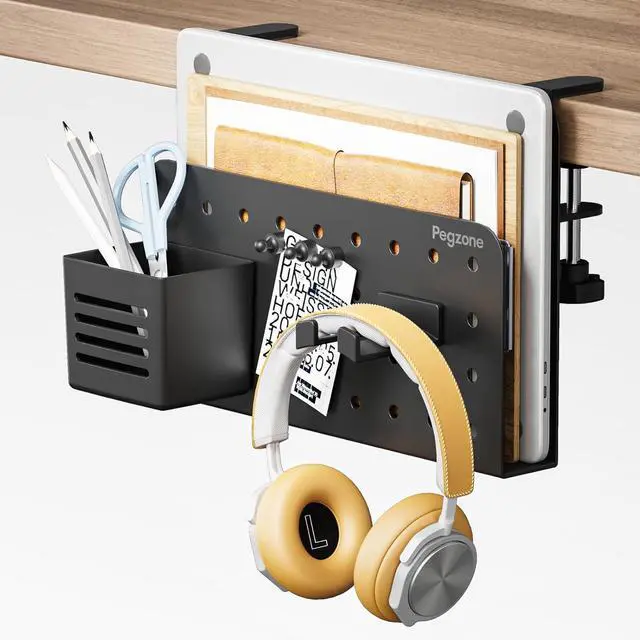 Main image of Desk Side Storage Organizer, No Drill Under Desk Laptop Holder, Clamp on Desks Shelf with Pegboard Accessories, Hanging Laptop Mount, Fits Flat Edge 0.4" to 2.2", Black