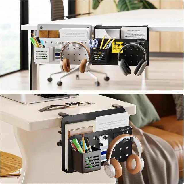 Alt view image 7 of 7 - Desk Side Storage Organizer, No Drill Under Desk Laptop Holder, Clamp on Desks Shelf with Pegboard Accessories, Hanging Laptop Mount, Fits Flat Edge 0.4" to 2.2", Black