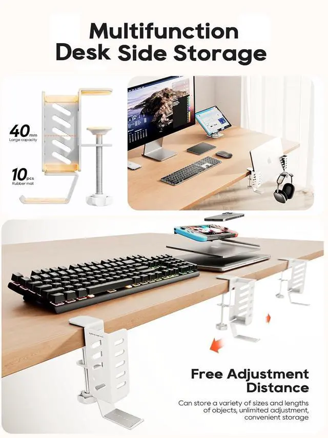 Alt view image 2 of 7 - Desk Side Laptop Holder, Desk Side Storage, No Drill Side Desk Organizer, Side Desk Laptop Mount, Tablets Hanging Holder, Clamp on Desk Organizer for Laptops/Tablets/Keyboards/Headphone, White