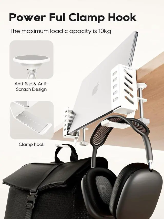 Alt view image 3 of 7 - Desk Side Laptop Holder, Desk Side Storage, No Drill Side Desk Organizer, Side Desk Laptop Mount, Tablets Hanging Holder, Clamp on Desk Organizer for Laptops/Tablets/Keyboards/Headphone, White
