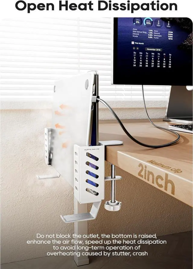 Alt view image 4 of 7 - Desk Side Laptop Holder, Desk Side Storage, No Drill Side Desk Organizer, Side Desk Laptop Mount, Tablets Hanging Holder, Clamp on Desk Organizer for Laptops/Tablets/Keyboards/Headphone, White