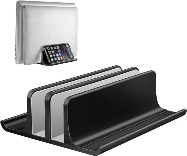 Main image of Double Adjustable Vertical Laptop Stand Newly Designed 2 Slots Aluminum Desktop Dual Holder for All MacBook/Chromebook/Surface//iPad Up to 17.3 Inches - Black