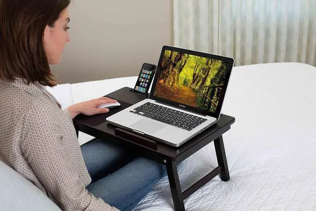 Alt view image 2 of 7 - Multi Tasking Laptop Bed Tray - Portable Lap Desk for Writing, Eating, Study - Folding Table Stand for Couch, Dorm, Homework, Adults - Compact Wood Desk, Left Handed Tray - 18" - Walnut