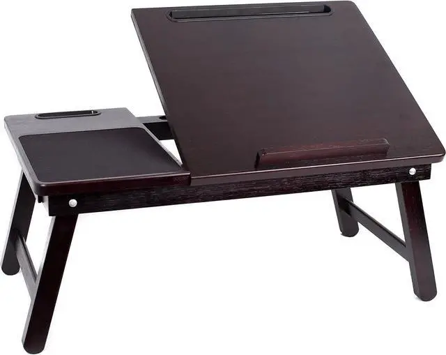 Alt view image 3 of 7 - Multi Tasking Laptop Bed Tray - Portable Lap Desk for Writing, Eating, Study - Folding Table Stand for Couch, Dorm, Homework, Adults - Compact Wood Desk, Left Handed Tray - 18" - Walnut