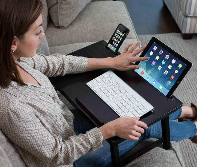 Alt view image 4 of 7 - Multi Tasking Laptop Bed Tray - Portable Lap Desk for Writing, Eating, Study - Folding Table Stand for Couch, Dorm, Homework, Adults - Compact Wood Desk, Left Handed Tray - 18" - Walnut