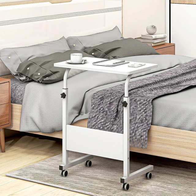 Alt view image 4 of 7 - sogesfurniture 31.5 inches Mobile Bed Table, Portable Laptop Computer Stand Desks with Wheels, Laptop Table Adjustable Height Standing Computer Desk Portable Stand, White BHUS-05-1-80WT