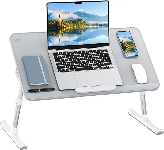 Main image of SAIJI Laptop Bed Tray Table(Large Size), Adjustable Height & Angle Laptop Stand for Bed with Detachable Stopper,Leather Bed Desk for Laptop,Portable Laptop Tray for Bed Sofa Couch and Floor (Grey)