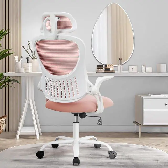 Main image of SMUG Office Desk Chair - Ergonomic High Back Computer Task Chair with Comfy Lumbar Support and Adjustable Headest, 360° Swivel, Flip-up Armrest for Home, Bedroom, Gaming, Study, Student, Pink