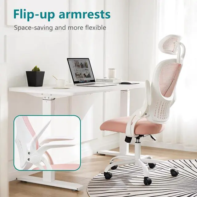 Alt view image 7 of 7 - SMUG Office Desk Chair - Ergonomic High Back Computer Task Chair with Comfy Lumbar Support and Adjustable Headest, 360° Swivel, Flip-up Armrest for Home, Bedroom, Gaming, Study, Student, Pink