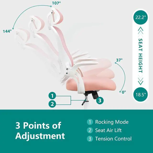 Alt view image 5 of 7 - SMUG Office Desk Chair - Ergonomic High Back Computer Task Chair with Comfy Lumbar Support and Adjustable Headest, 360° Swivel, Flip-up Armrest for Home, Bedroom, Gaming, Study, Student, Pink