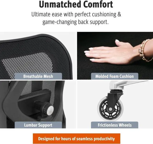 Alt view image 5 of 7 - Duramont Ergonomic Office Chair - Adjustable Desk Chair with Lumbar Support and Rollerblade Wheels - High Back Chairs with Breathable Mesh - Thick Seat Cushion, Head, and Arm Rests - Reclines