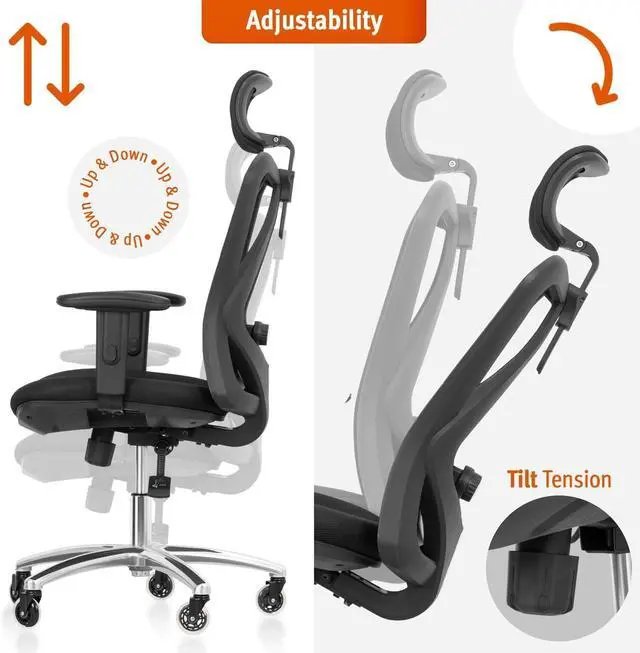 Alt view image 7 of 7 - Duramont Ergonomic Office Chair - Adjustable Desk Chair with Lumbar Support and Rollerblade Wheels - High Back Chairs with Breathable Mesh - Thick Seat Cushion, Head, and Arm Rests - Reclines