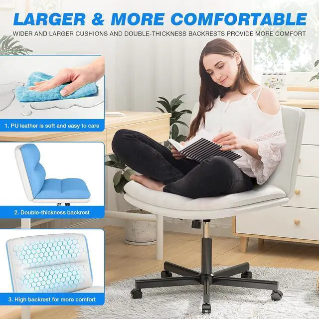 Alt view image 6 of 7 - Rfiver Office Desk Chairs with Wheels, Criss Cross Chair with Height Adjustable and Swivel, Comfortable Thickened Cushion PU Leather Wide Comfty Chair Computer Task Chair for Home Office Gaming, Beige