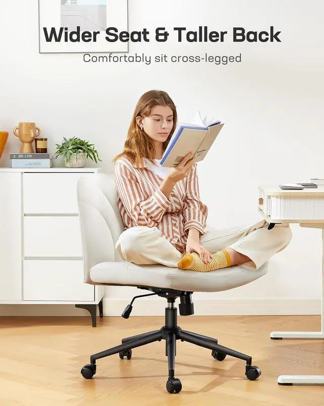 Alt view image 3 of 7 - Marsail Criss Cross Chair with Wheels: PU Leather Cross Legged Office Chair Wide Armless Desk Chair Swivel Height Adjustable Vanity Chair for Make Up,Small Space,Bed Room(Beige)