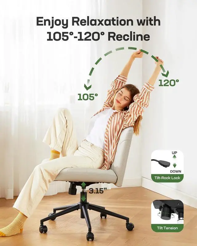 Alt view image 7 of 7 - Marsail Criss Cross Chair with Wheels: PU Leather Cross Legged Office Chair Wide Armless Desk Chair Swivel Height Adjustable Vanity Chair for Make Up,Small Space,Bed Room(Beige)