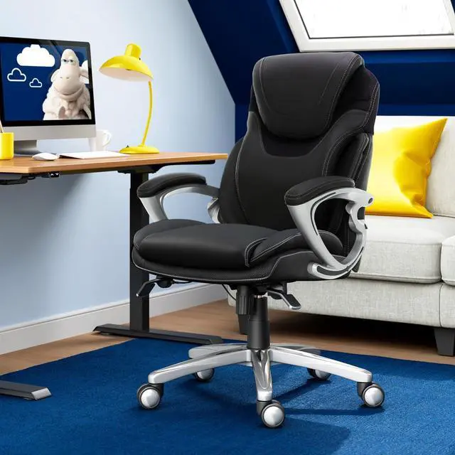 Alt view image 2 of 7 - Serta Bryce Executive Office Chair, Ergonomic Computer DeskChair with Patented AIR Lumbar Technology, Comfortable Layered Body Pillows for Cushioning, SertaQuality Foam, Bonded Leather, Black