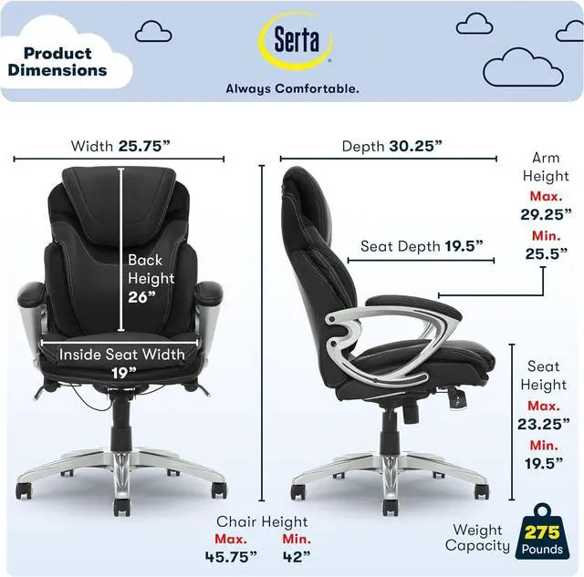 Alt view image 3 of 7 - Serta Bryce Executive Office Chair, Ergonomic Computer DeskChair with Patented AIR Lumbar Technology, Comfortable Layered Body Pillows for Cushioning, SertaQuality Foam, Bonded Leather, Black