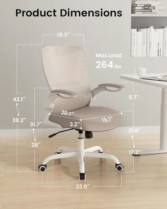 Alt view image 2 of 6 - Office Chair, Ergonomic Desk Chair with Adjustable Lumbar Support and Flip up Armrest, Breathable Mesh Computer Chair for Home Office, Khaki