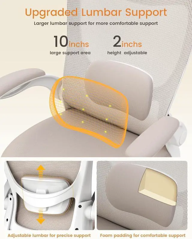 Alt view image 4 of 6 - Office Chair, Ergonomic Desk Chair with Adjustable Lumbar Support and Flip up Armrest, Breathable Mesh Computer Chair for Home Office, Khaki