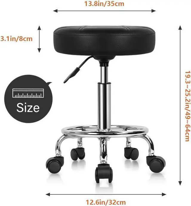 Alt view image 3 of 7 - KKTONER Round Rolling Stool Chair PU Leather Height Adjustable Swivel Drafting Work SPA Shop Medical Salon Stools with Wheels Office Chair Small (Black)