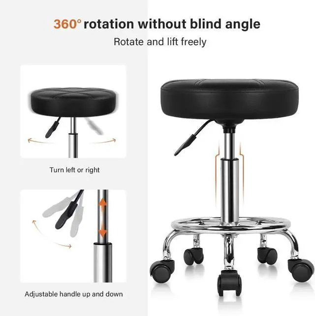Alt view image 4 of 7 - KKTONER Round Rolling Stool Chair PU Leather Height Adjustable Swivel Drafting Work SPA Shop Medical Salon Stools with Wheels Office Chair Small (Black)
