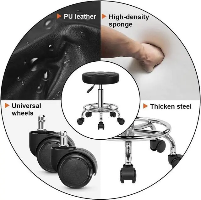Alt view image 5 of 7 - KKTONER Round Rolling Stool Chair PU Leather Height Adjustable Swivel Drafting Work SPA Shop Medical Salon Stools with Wheels Office Chair Small (Black)