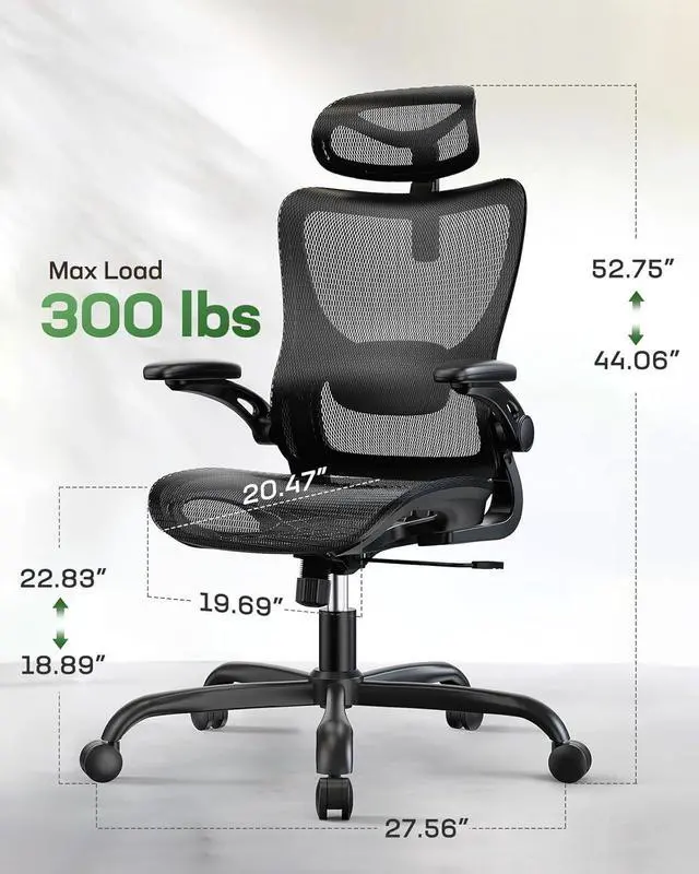 Alt view image 2 of 7 - Marsail Ergonomic Mesh Office Chair High Back Home Office Desk Chair with Adaptive Lumbar Support, 2D Headrest, 3D Flip-Up Armrests, Height Adjustable and Rocking Tilt for Home Office and Gaming