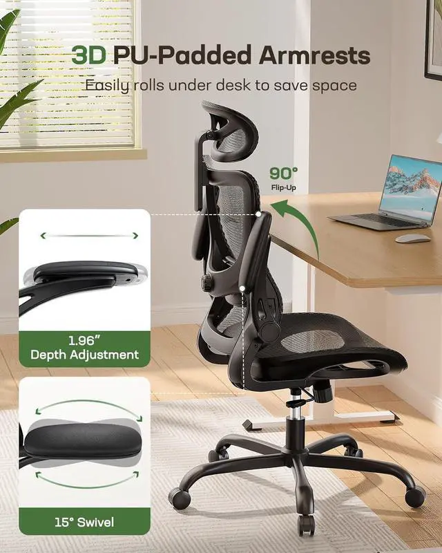 Alt view image 5 of 7 - Marsail Ergonomic Mesh Office Chair High Back Home Office Desk Chair with Adaptive Lumbar Support, 2D Headrest, 3D Flip-Up Armrests, Height Adjustable and Rocking Tilt for Home Office and Gaming