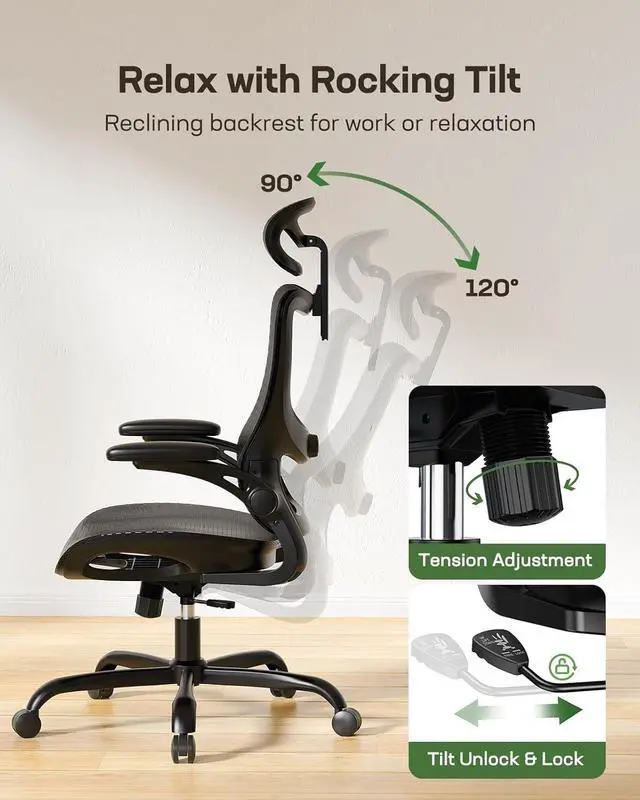 Alt view image 7 of 7 - Marsail Ergonomic Mesh Office Chair High Back Home Office Desk Chair with Adaptive Lumbar Support, 2D Headrest, 3D Flip-Up Armrests, Height Adjustable and Rocking Tilt for Home Office and Gaming