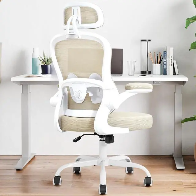 Main image of Ergonomic Office Chair,Ultra Thick Office Desk Chair with Adjustable Lumbar Support and Headrest,Spring Cushion,Rocking Function,Flip-up arms,Mesh Computer Chair for Home Office,Khaki