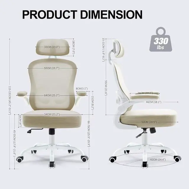 Alt view image 2 of 7 - Ergonomic Office Chair,Ultra Thick Office Desk Chair with Adjustable Lumbar Support and Headrest,Spring Cushion,Rocking Function,Flip-up arms,Mesh Computer Chair for Home Office,Khaki