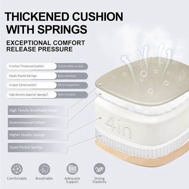 Alt view image 3 of 7 - Ergonomic Office Chair,Ultra Thick Office Desk Chair with Adjustable Lumbar Support and Headrest,Spring Cushion,Rocking Function,Flip-up arms,Mesh Computer Chair for Home Office,Khaki